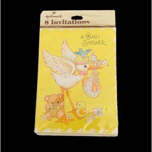 5 Vintage Baby Shower Invitations W Envelopes Retro 80s Stork Yellow